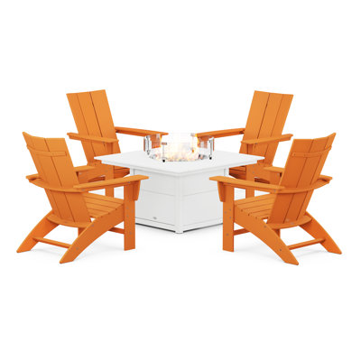 POLYWOOD Modern Curveback Adirondack 5-Piece Conversation Set with Fire Pit Table