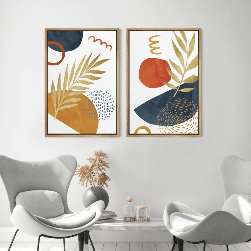 Mid-Century Vibrantest Plants Semi Circles - Ensemble de 2 reproductions sur toile flottantes, Naturel, H 24 po x l 16 po