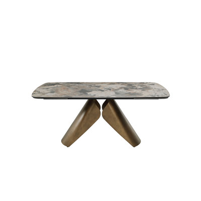 71‑102" Expandable Dining Table, Artistic Geometric Iron Base with Ceramic Tabletop