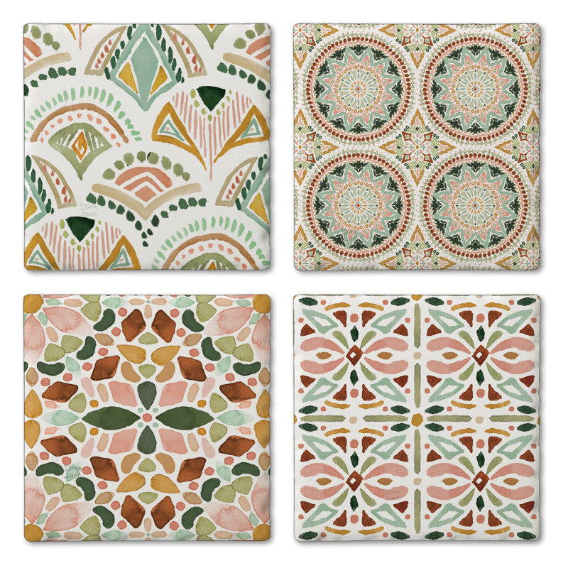 Bohemian Patterns 4-Pack Absorbent Stone Tumbled Tile Coasters