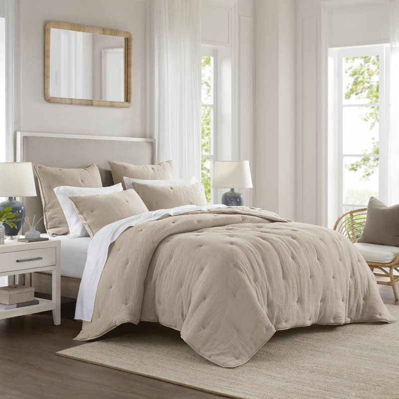 Breeze Taupe 100% Cotton Gauze Embroidered 3-Piece King Quilt Set, Taupe, King Quilt + 2 King Shams