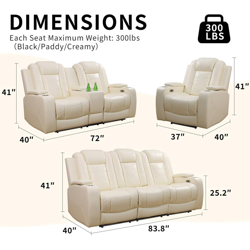 Ensemble de canapé de salon inclinable électrique en cuir 3 pièces Vegan, Crème, crème