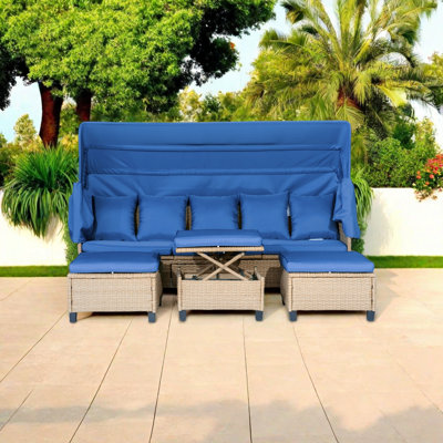 Modern Outdoor Patio Furniture Set With Retractable Canopy, Uv-Resistant Wicker Sofa Set, Compact Space-Saving Design, Adjustable Reclining Positions, Cushioned Rattan Sofa And Ottomans