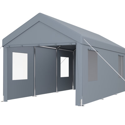 10' X 20' Carport Canopy With Build & 2 Doors, 4 Vent Windows, Grey For Various Purposes 10X20 Ft Construction Canopy, Outdoor Storage