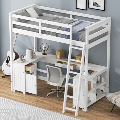 Lit mezzanine double avec bureau en U, tiroirs et tablettes de rangement