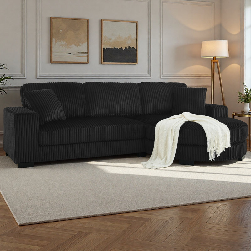 Corduroy Upholstered Sleeper Sectional Sofa With Arc-Shaped Ottoman, L-Shaped Modular Convertible Couch With Reversible Chaise And Tufted Design