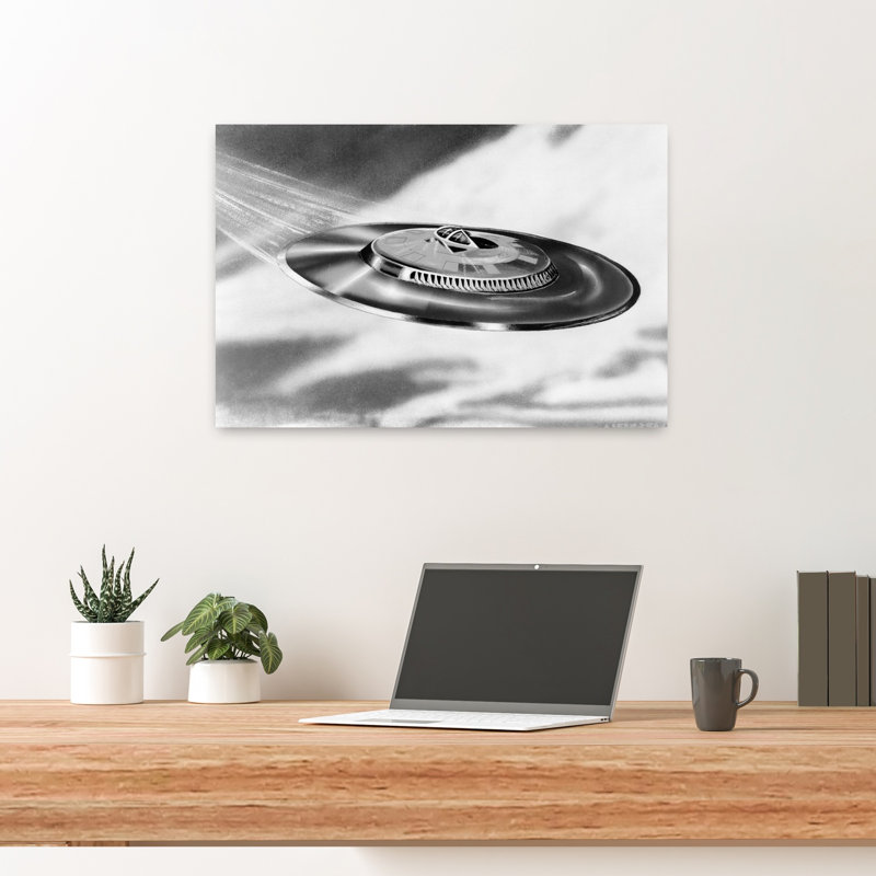 Art mural des années 1950, soucoupe volante ovni classique, 24" H x 16" W