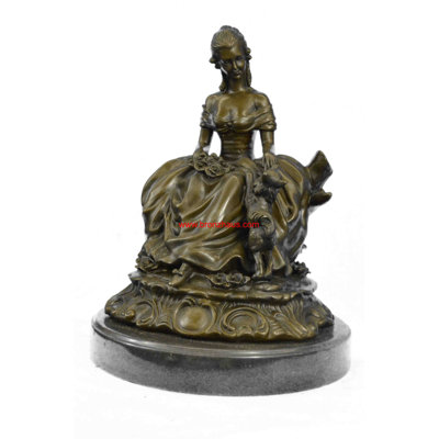Annmary Bronze Sculpture Of Victorian Lady With Dog Signed A. Moreau