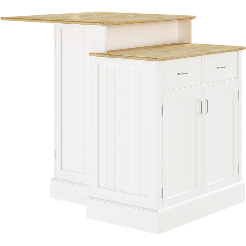 White and Light Brown Rubber Wood Kitchen Island with Storage Cabinet