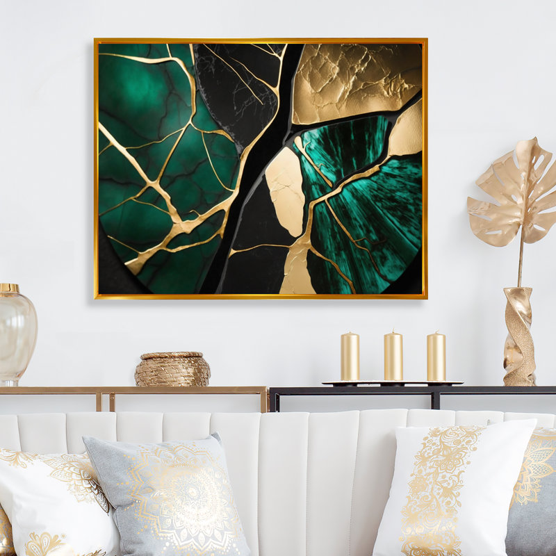 Abstract Geode Gold I - Art mural encadré abstrait en marbre, Cadre flottant doré, H 16 po x l 32 po x P 1 po