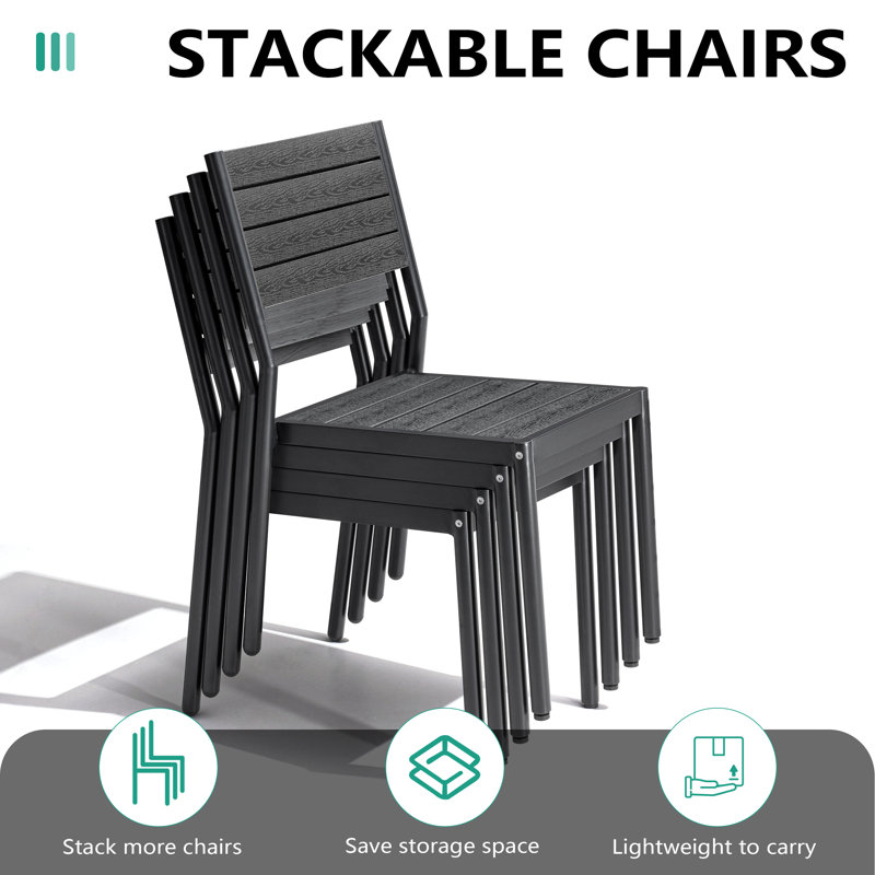 Ensemble repas pour 6 personnes en aluminium avec trou pour parasol, chaises empilables et sans accoudoirs, Noir