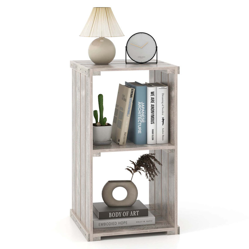  1 Pcs 2-cube Storage Shelf Slatted Paulownia Wood Cubic Organizer With Open Back, Brown