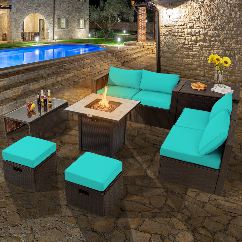 Ensemble de mobilier d'extérieur pour terrasse avec foyer au propane 30 po Jalyza, Turquoise