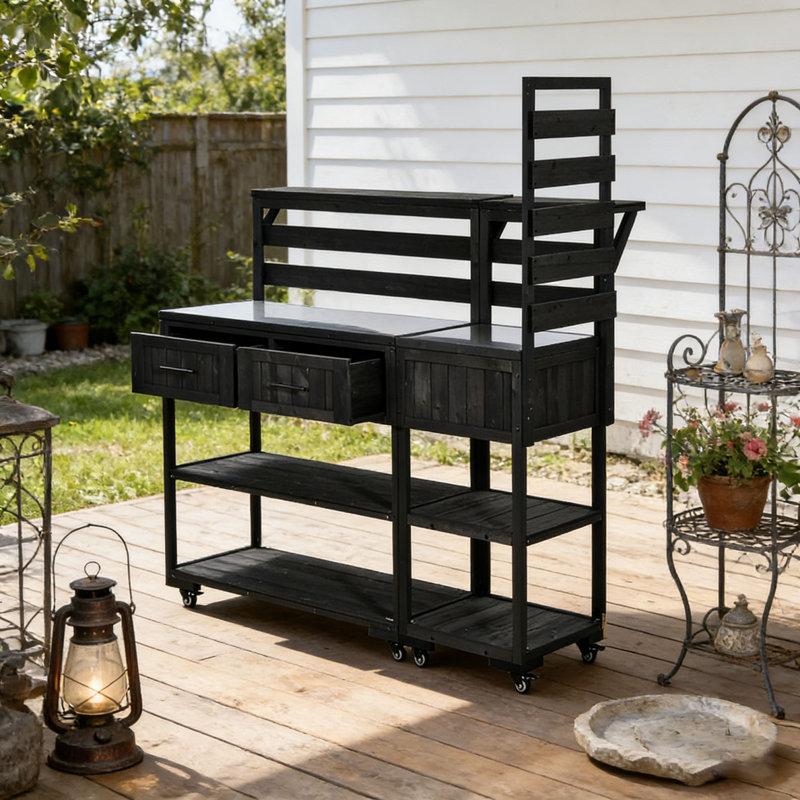 Chariot de cuisine en bois massif avec plateau en acier inoxydable 62,3 po, Noir