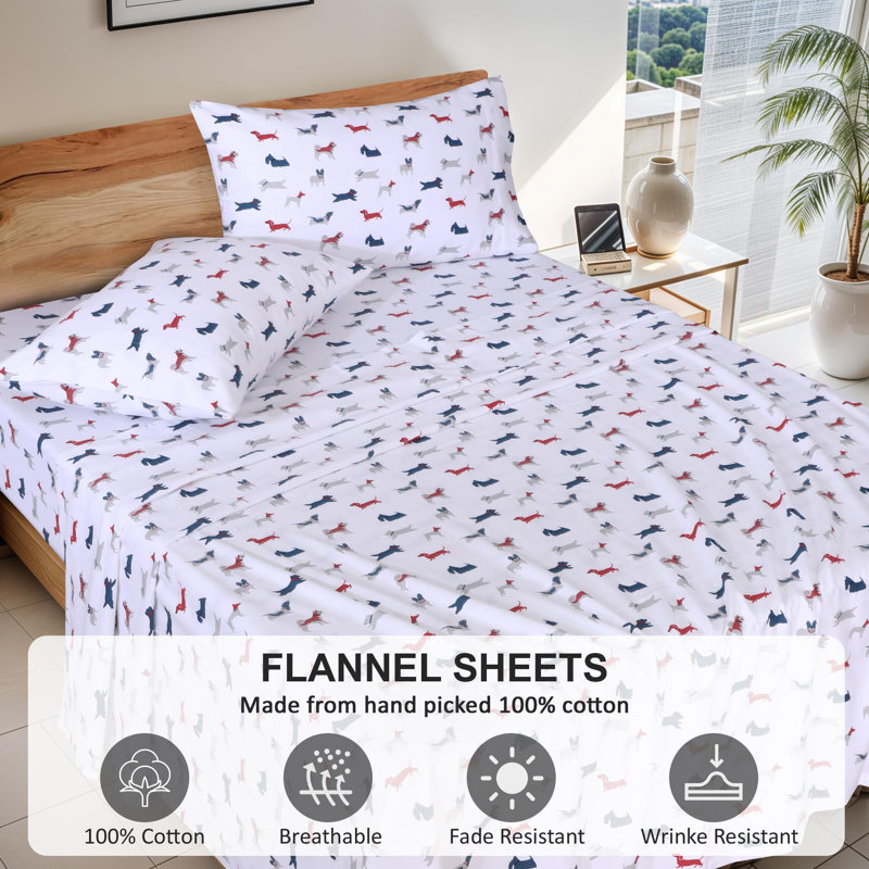  100% Cotton Flannel Sheets Set 4 Piece Warm Cozy Fall Sheets 16 inch Deep Pocket Bed Sheets, King, Doggy Day Out Floral