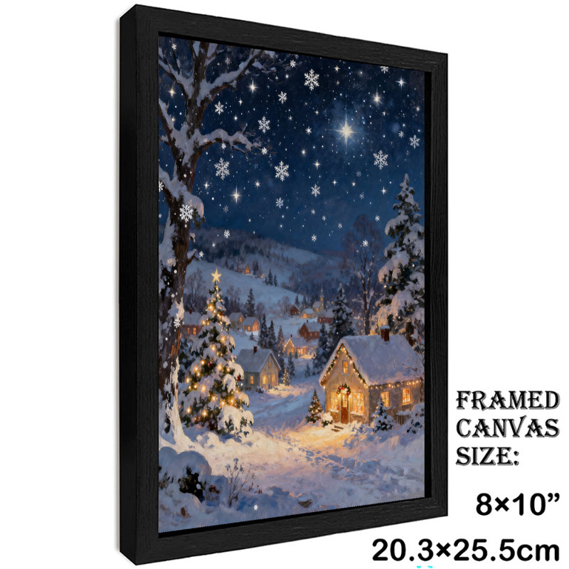 Village de Noël encadré noir avec arbres enneigés et ciel étoilé, impressions murales de style rétro, H 11 po x l 9 po