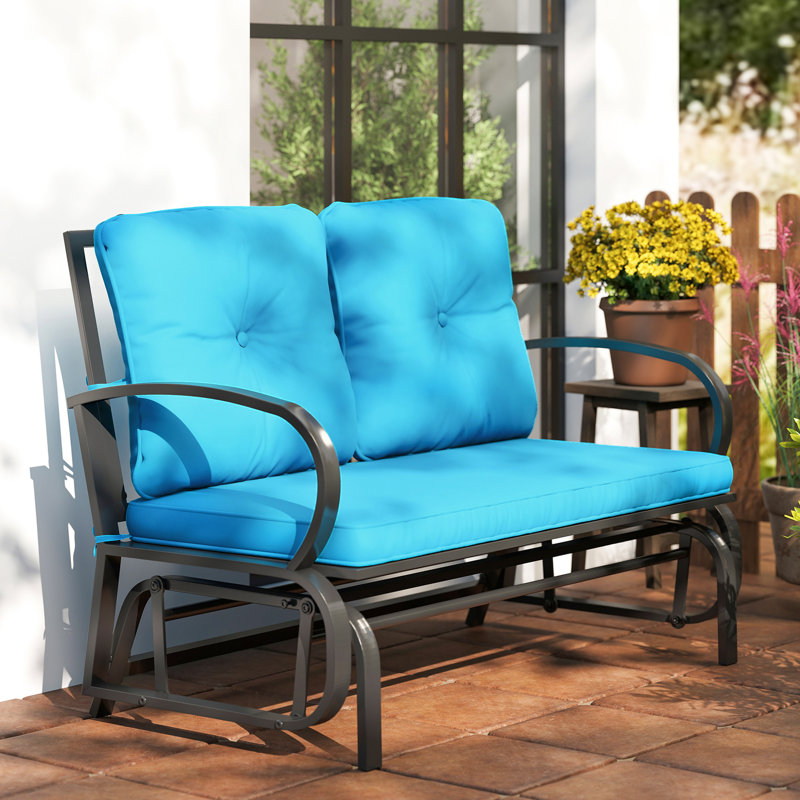 Chaise berçante d'extérieur en métal avec coussins, Bleu, Noir, noir, noir, noir