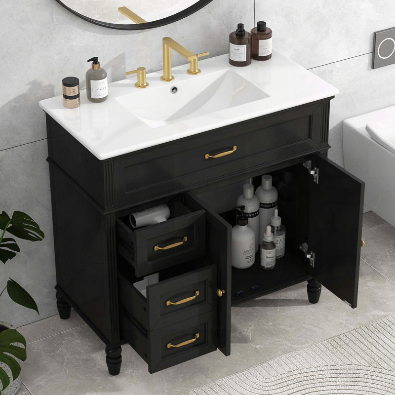 Meuble-lavabo de salle de bain en bois massif de 36 po avec lavabo, armoire et tiroirs