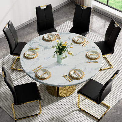 Round Dining Table Set, 45" Round Marble Dining Table with Dining Chairs, Modern Circle Kitchen Table Set with Hollow-Out Stainless Steel Base, Dining by Mercer41