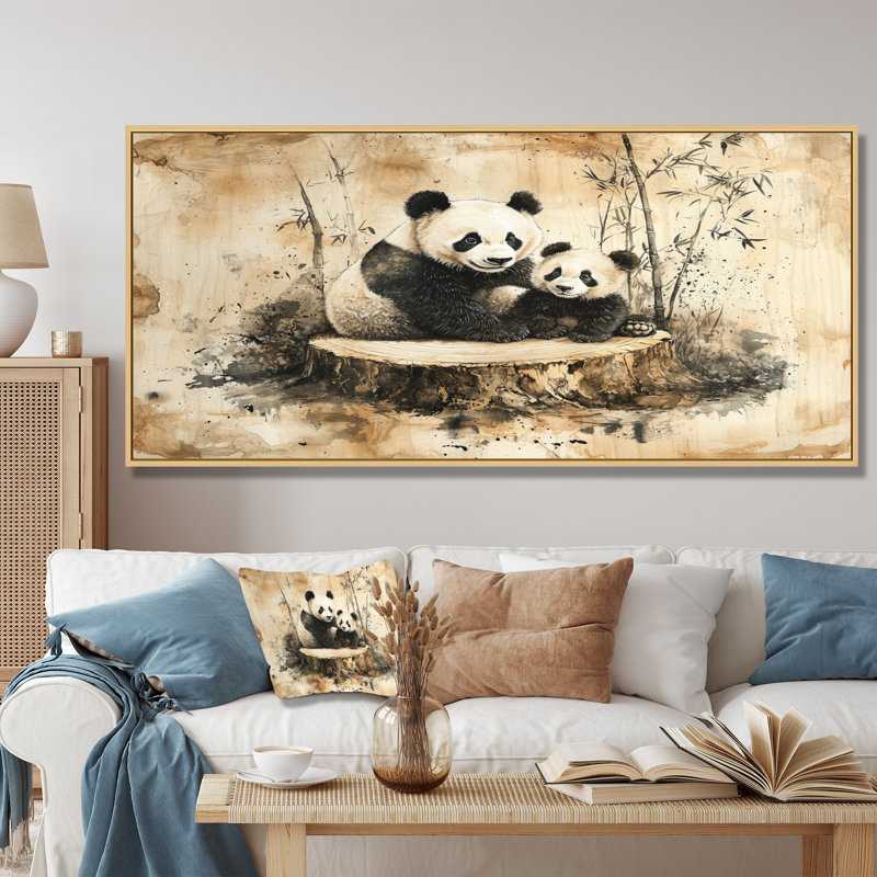 Gerino, famille de panda rétro dans la forêt I - art mural panda, H 28 po x l 60 po, Impression encadrée flottante