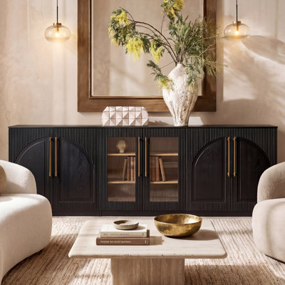 93" Modern Black 3-Piece Sideboard Set – Glass Door Cabinet & Arched Fluted Cabinets With Brass Knurled Handles, Ash Veneer – Living & Dining Room