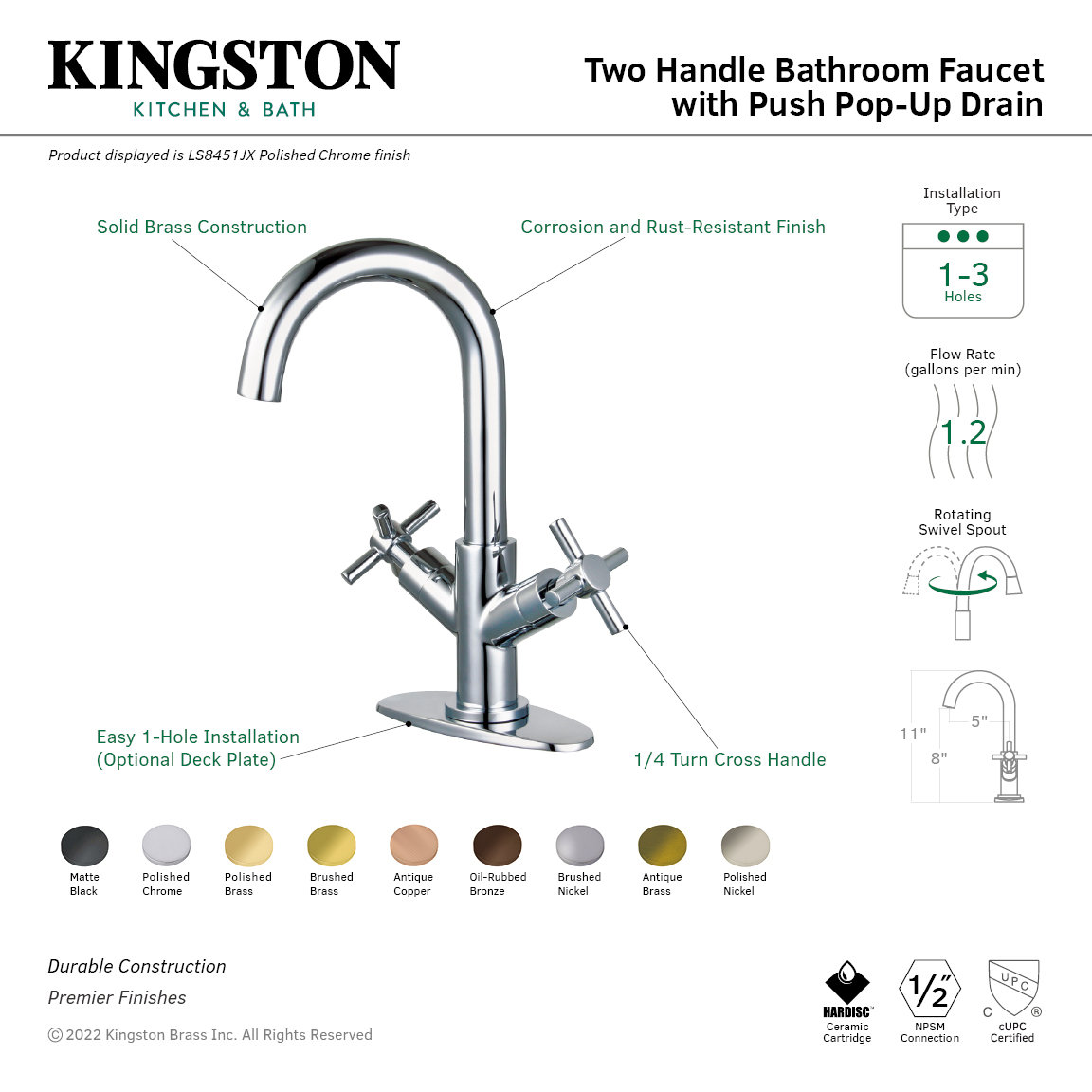 Concord 2-Handle 1-Hole Faucet with Push Drain, Brushed Nickel