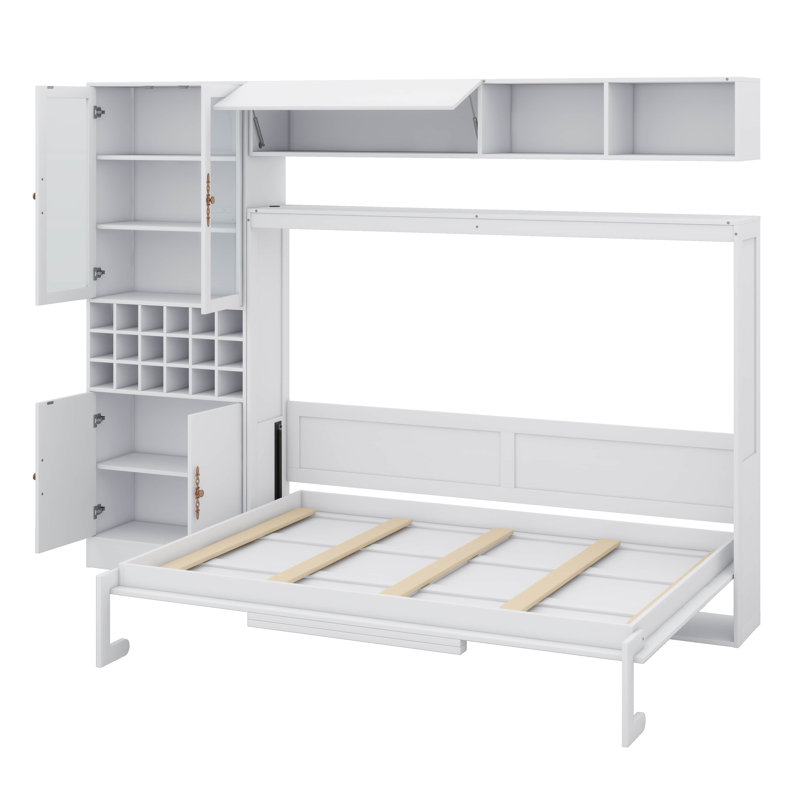 Lit escamotable fixé au mur avec canapé intégré, bibliothèques, charge USB et éclairage, Grand lit, Blanc