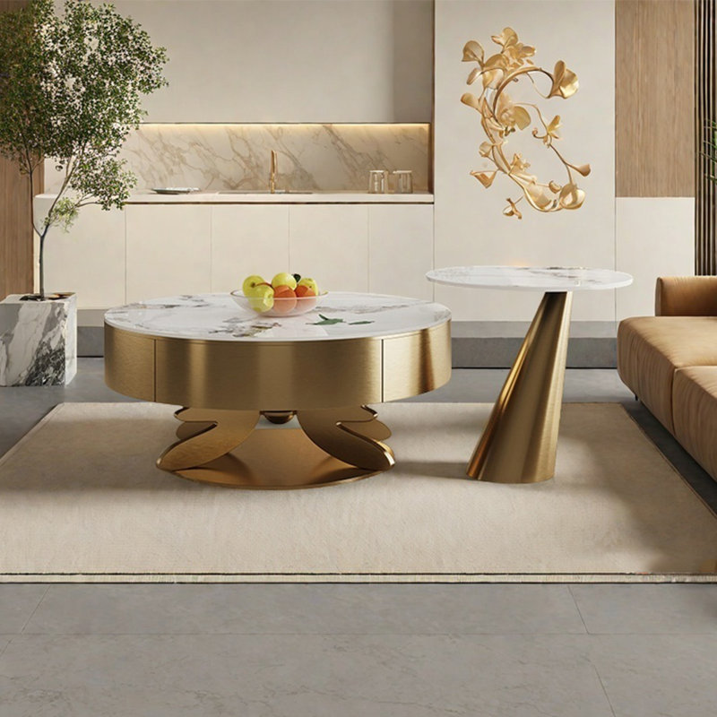Table ronde légère et luxueuse, H 15,7 po x L 35,4 po x l 35,4 po, Doré
