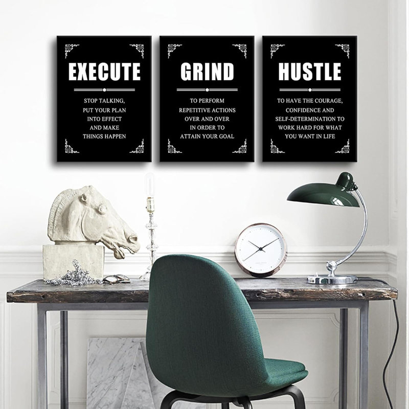 3 pièces, art mural de décoration de bureau, «Execute Grind Hustle», impressions sur toile, bordure rétro, citations de succès, affiches encadrées, espace de travail à domicile, petites décorations murales