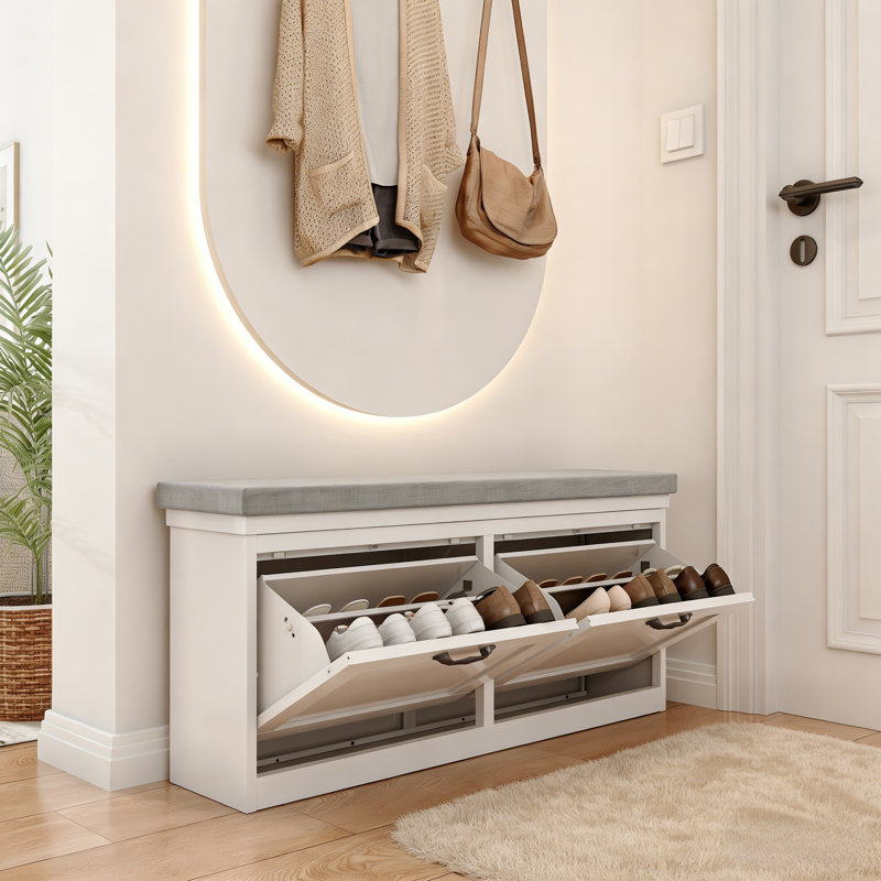 White Metal Shoe Storage Bench with Flip-Down Doors & Cushion - Sturdy Steel Entryway Organizer, Hallway Seat and Shoe Cabinet for Modern Homes