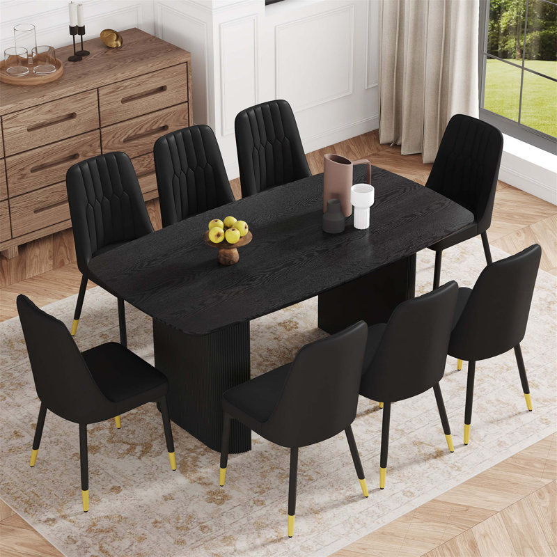Ensemble de table de salle à manger spacieux en bois aggloméré noir et 8 chaises en polyuréthane, parfait pour un décor moderne et luxueux