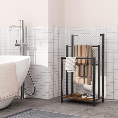 Free Standing Towel Rack, 3 Tier Blanket Rack, Blanket Holder for Bathroom, 16.9" L x 11" W x 31.9" H, Industrial Metal Drying and Display Rack with Shelf, Rustic Brown and Black