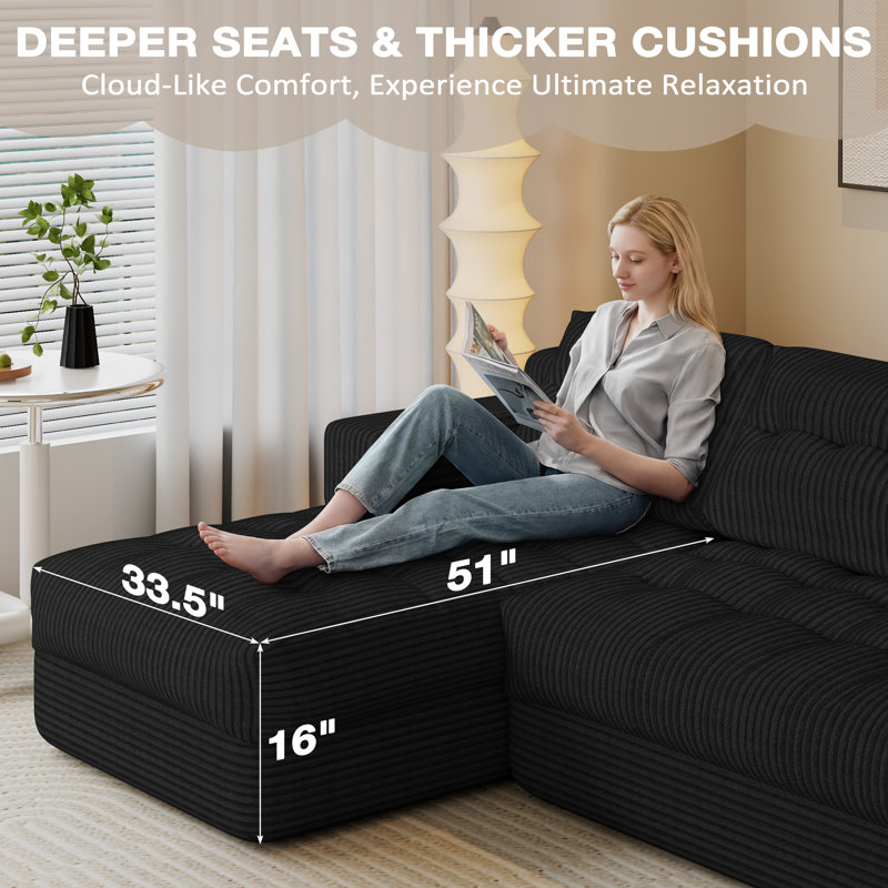 New Boneless Sectional Couch for Small Spaces – Deep Seat Upholstered Cloud Couch with Left Facing Chaise, No Assembly Required, Perfect for Living Rooms, Black