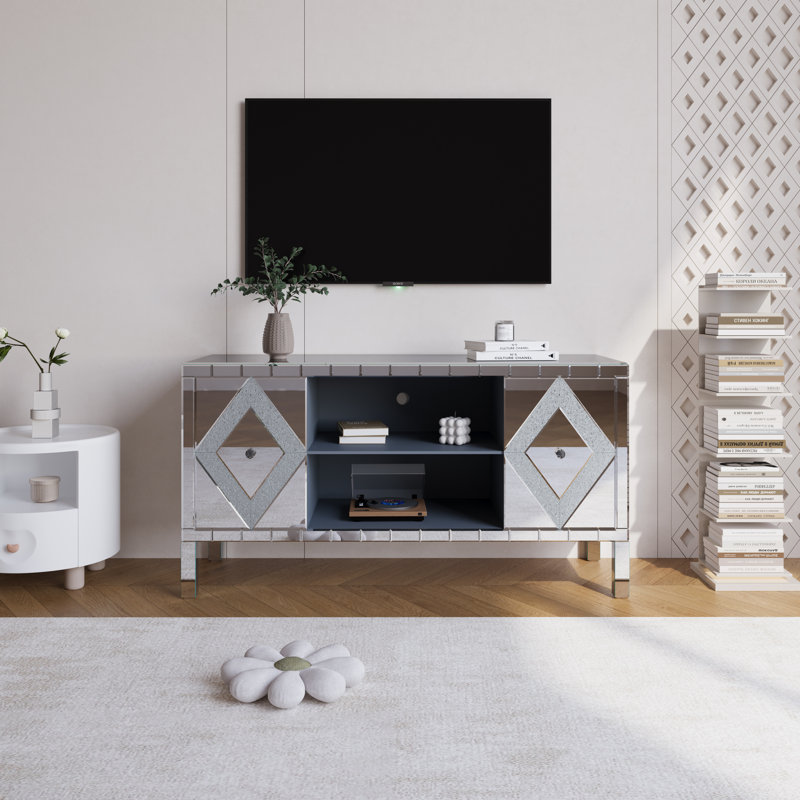 Mirrored Tv Stand For Tvs Up To 50", Silver Tv Console Table With Open Storage & 2 Storage Cabinets, Diamond Shape Sparkling Mirror Doors