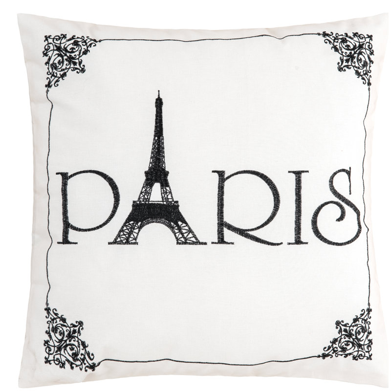 Paris Embroidered Black and White Cotton Throw Pillow