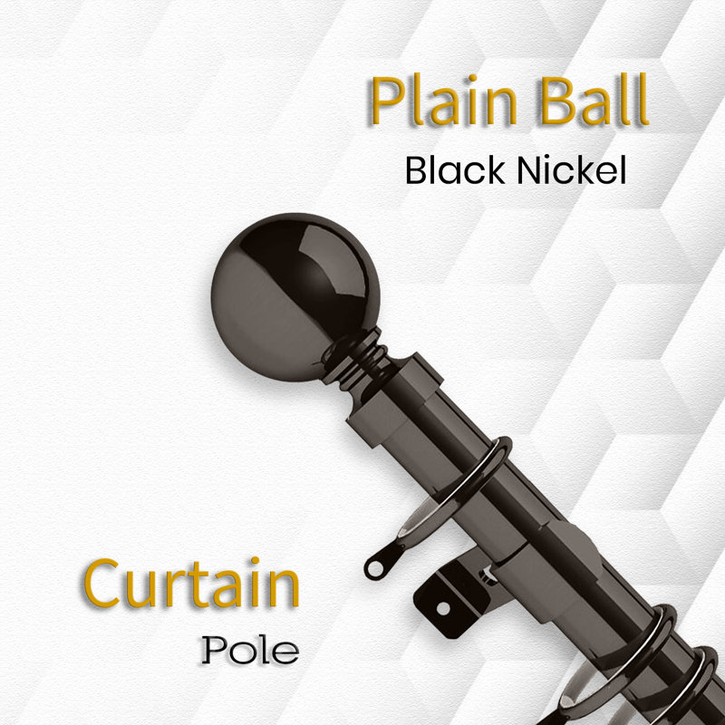 Extendable Metal Curtain Pole - Adjustable Plain Metal Rod with Finials & Brackets for Eyelet/Tab-Top Curtains, Black Nickel