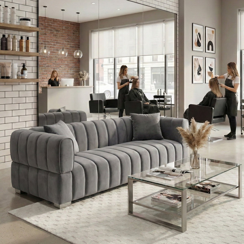 Luna, Channel-Tufted Modern Velvet Sofa, Gray