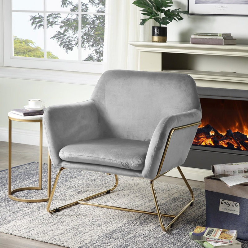 Chaise décorative moderne en velours gris, largeur 29,5 po, base en métal, chaise décorative avec pieds, largeur