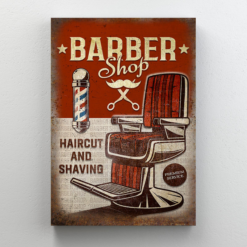 Une chaise dans un salon de coiffure - coupe de cheveux et rasage - 1 pièce, impression d'art graphique rectangulaire sur toile tendue