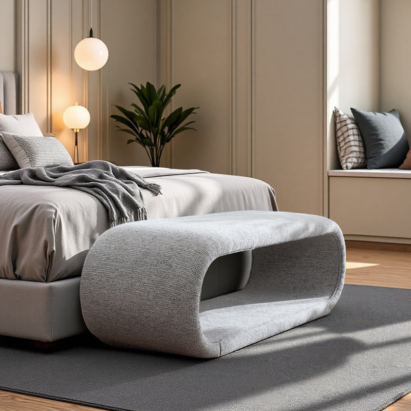 52.17" Chenille Upholstered Hollow Bench, Light Gray