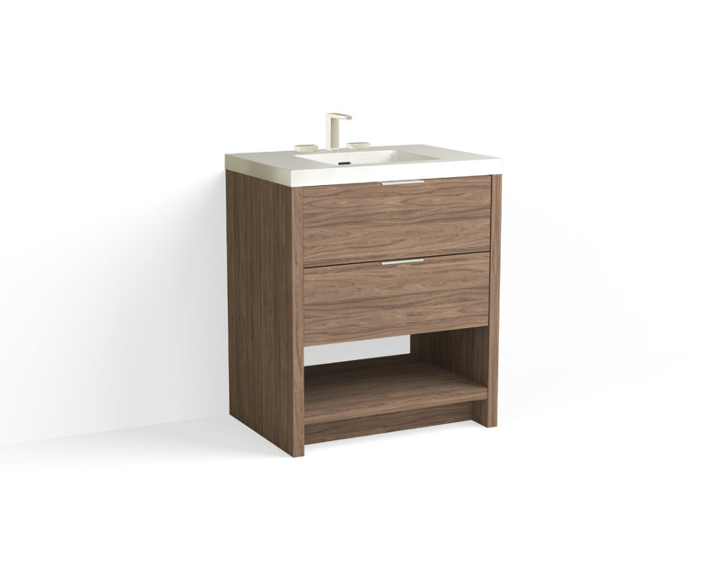 Vue 30" W Freestanding Single Bathroom Vanity, Matte White/8" Widespread, Nocino, Polished Nickel
