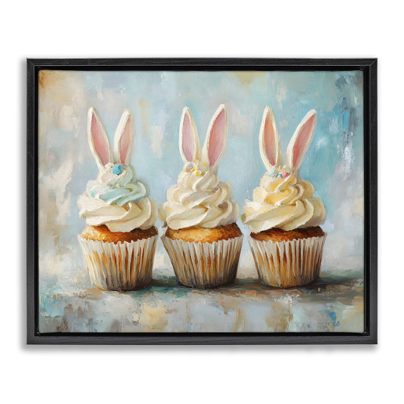 «Festive Bunny Ear Cupcakes Floater», art mural par Franklyn Gregory, Cadre flottant noir de jais, H 17 po x l 21 po
