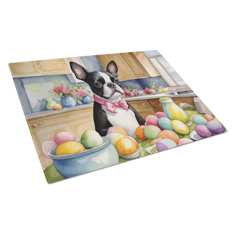 Decorating Easter Boston Terrier Glass Cutting Board