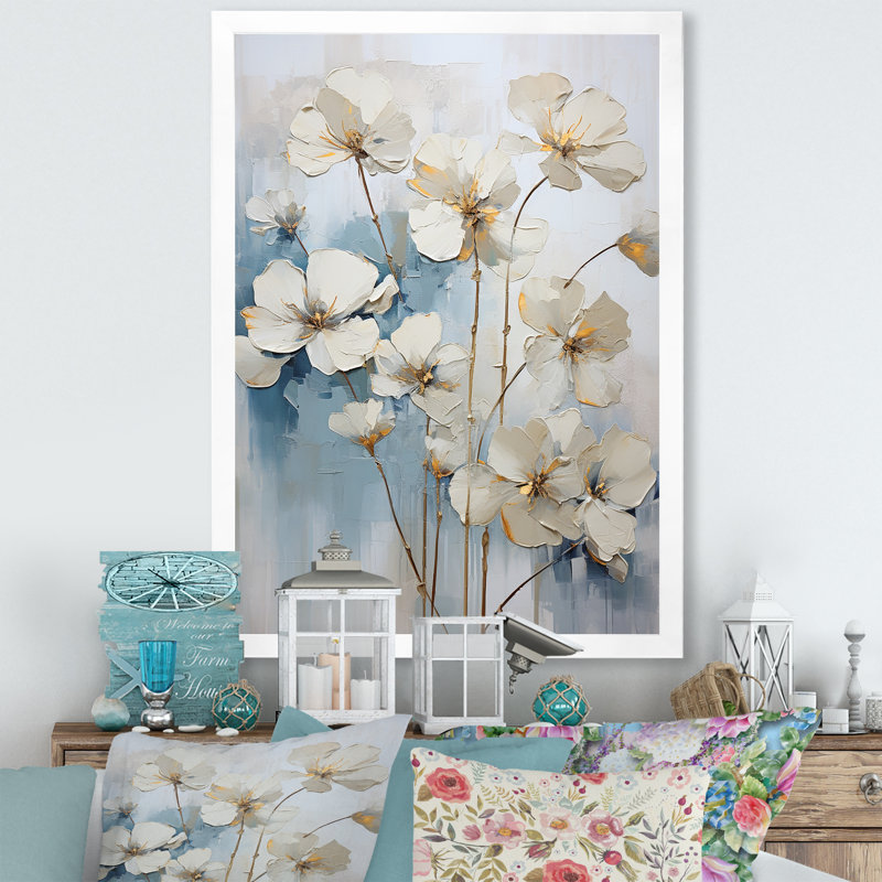Minimalisme, géraniums blancs et bleus I sur toile, Cadre simple blanc, H 44 po x l 34 po x P 1,5 po