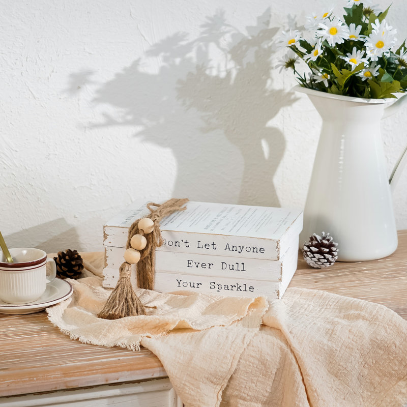Rustic Don't Let Anyone Ever Dull Your Sparkle Inspirational Quote Wood Book Stack Decor With Jute Beads