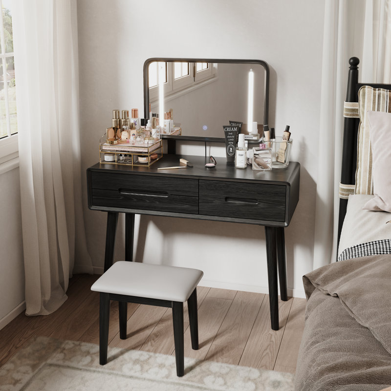 Solid Wood Makeup Vanity, Detachable Mirror, Adjustable Lighting, Equipped with Three Drawers, Black, 39.4" W