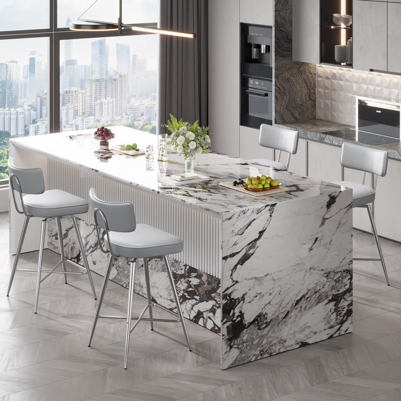 Light Gray Leather Swivel Counter Stools with Silver Metal Frame