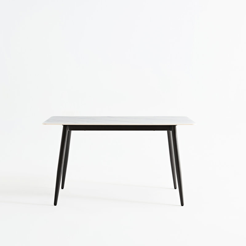 Grande table de salle à manger rectangulaire de 1,4 m avec support en métal pour la cuisine et le salon, surface en céramique blanche, griffes thermiques, bord arrondi, pieds élégants, design minimaliste, base moderne à installation rapide