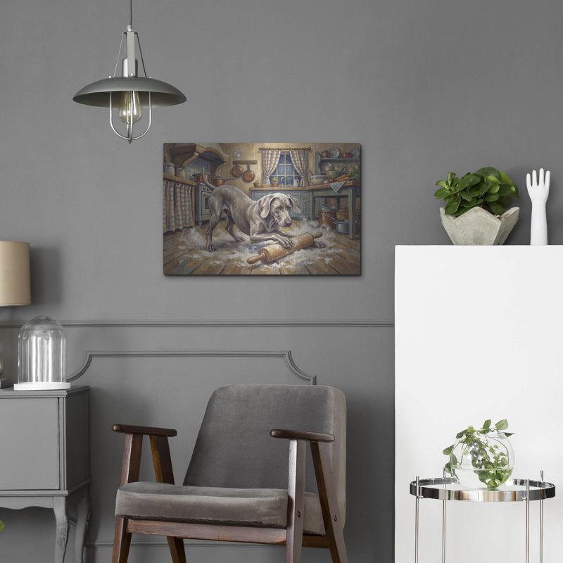  «Weimaraner In The Kitchen» par Rich Monet, art mural en métal, 24 po x 16 po, H 16 po x l 24 po