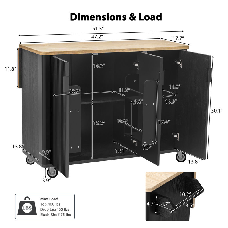 Fluted Kitchen Island with Drop Leaf, Black